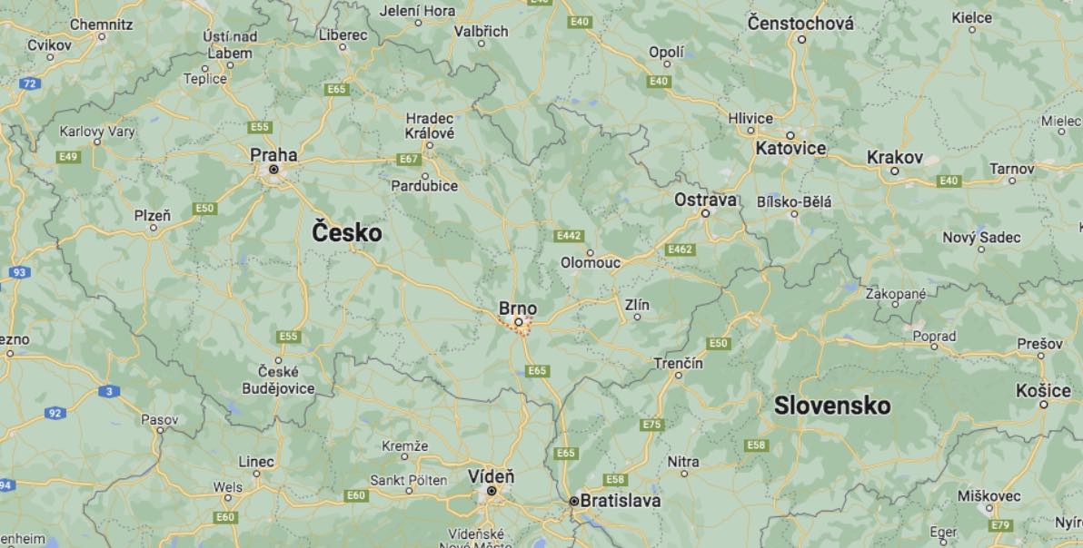 Расположение Брно на карте Чехии. Из Брно можно быстро добраться до соседних европейских столиц, Вены и Братиславы. Источник: скриншот Google Maps.